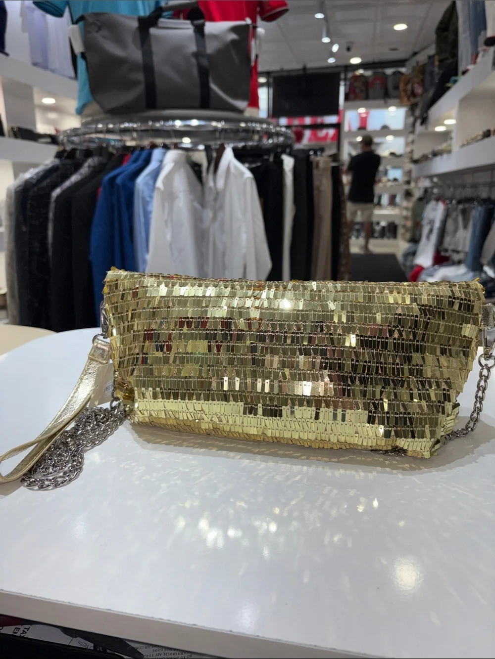 Gold Sequin Evening Clutch with Chain Strap